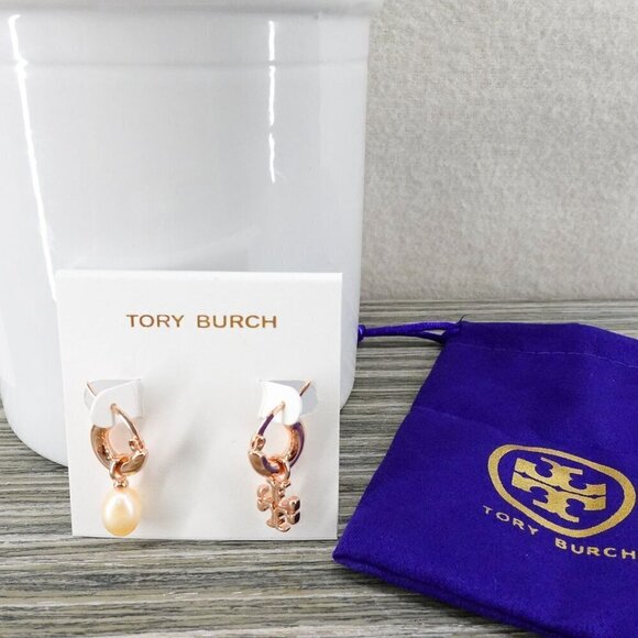 Tory Burch Kira Mismatched Hoop Earrings Pink/Rose Gold OS - Picture 5 of 13